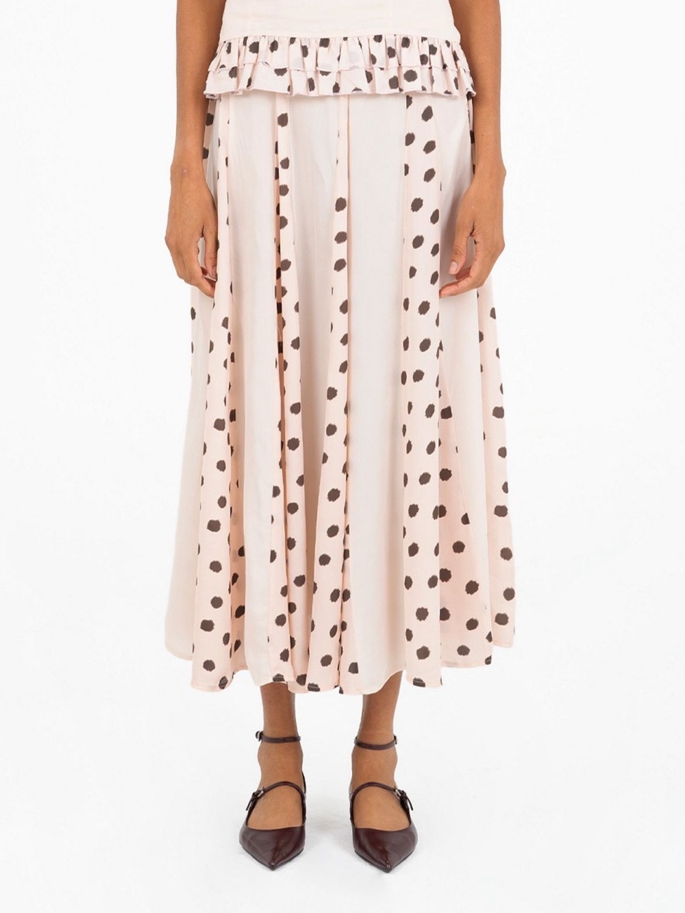 Carmen Says L Polka Dot Ruffle-Waist Midi Skirt in Blush with Chocolate Spots